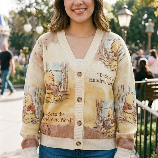 Winnie the Pooh Cardigan, Hundred Acre Wood Pooh Cardigan, Pooh Reading Book Theme, Cozy Storybook Disney Cardigan, Vintage Cartoon Cardigan