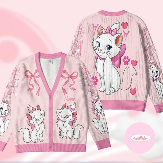 Personalized The Aristocats Disney Marie Cat Cardigan, Coquette Bow Cat Mom Birthday Girl Cardigan, Cat Lovers Disney Girl Trip Tee
