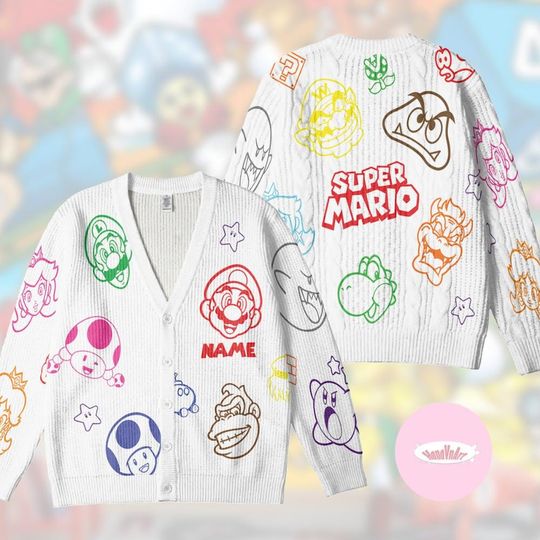Personalized Super Mario Cardigan, Mario Luigi Princess Peach All-over Print Cardigan, Epic Universe Family Trip, Birthday Boy/Girl
