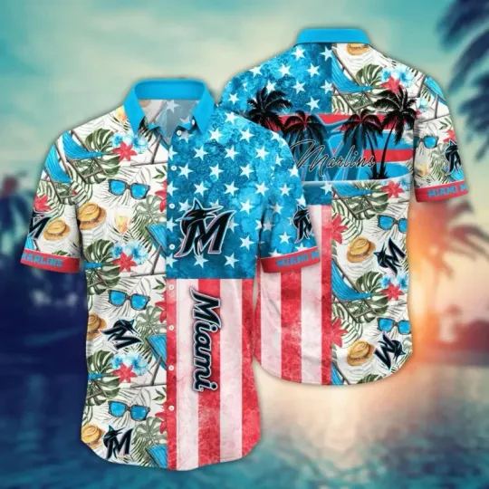 Discover Miami Marlins Stars & Stripes Tropical Hawaiian Shirt