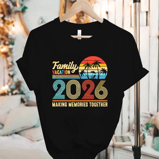 Discover Family Vacation 2026 Retro T-shirts: Vintage Sunset Palm Graphic Tops Fashion Men & Women Making Memories Together Vacation Tees