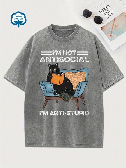 Discover Distressed Washed Women'S Plus Size Vintage Black Cat Reading T-Shirt 100% Cotton Crew Neck Short Sleeve Top Tee Unisex