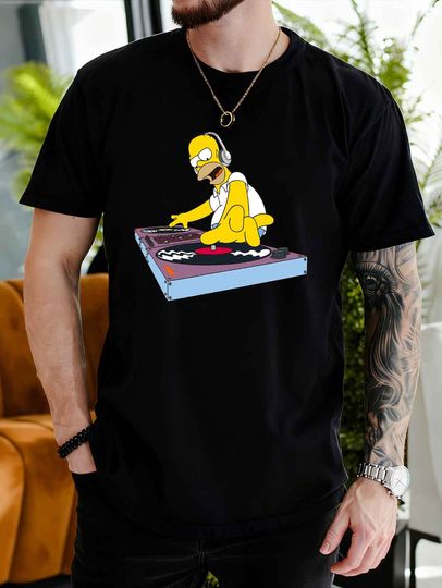 Discover Summer Men's Casual Short-sleeved T-shirt, "The Simpsons" DJ Homer Print Pattern Simpson Authorized Men's T-shirt