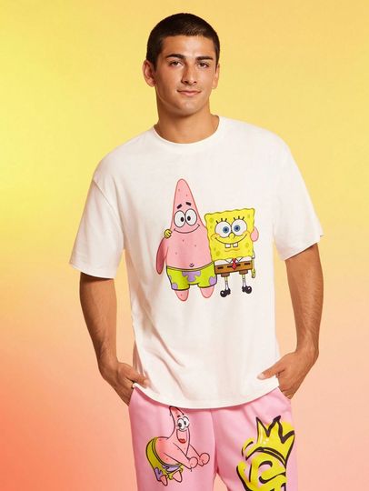 Discover SpongeBob SquarePants Men's Casual Cute Cartoon Print Short Sleeve White T-Shirt Summer  Streetwear Y2k Clothes Oversized Shirt
