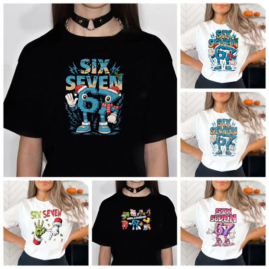 Discover Funny Six Seven Italian Brainrot 67 Number Graphic Print T-Shirt Women Summer Short Sleeved Loose Comfortable Tshirt Top