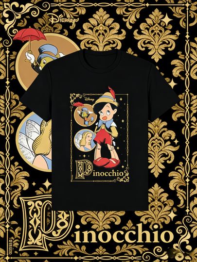 Discover 2026 Summer Disney Pinocchio Pattern Printed T-shirt for Both Men and Women, 100% Pure Cotton Short-sleeved Casual Loose Top