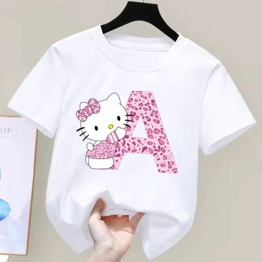 MINISO Hello Kitty Letter A-Z  Short-sleeved Top Summer T-shirt Girly Heart Soft Clothes Kawaii Birthday Gift Comfortable