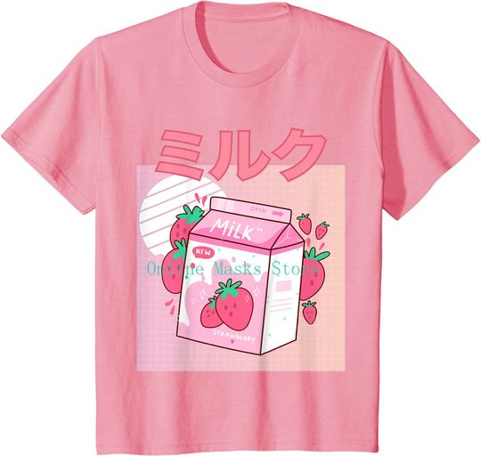 Discover Festival Gift - Short Sleeve Strawberry Milk Shake Carton Funny Retro 90s Japanese Interesting for Boy Girl Unisex T-Shirt