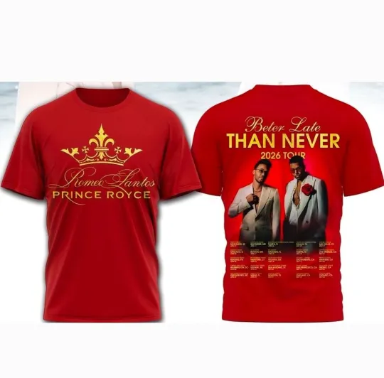 Discover Romeo Santos & Prince Royce Better Late Than Never Tour 2026 T shirt