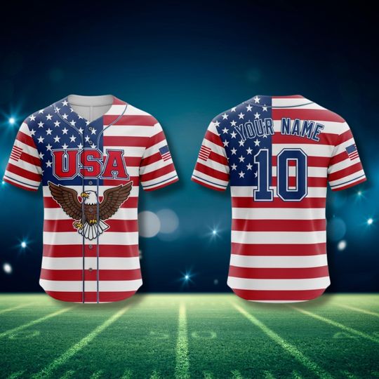 Discover Custom USA Baseball Jersey with Name and Number, American Flag Eagle 3D Sports Shirt, Patriotic Unisex Game Day Fan Gift Top Jersey