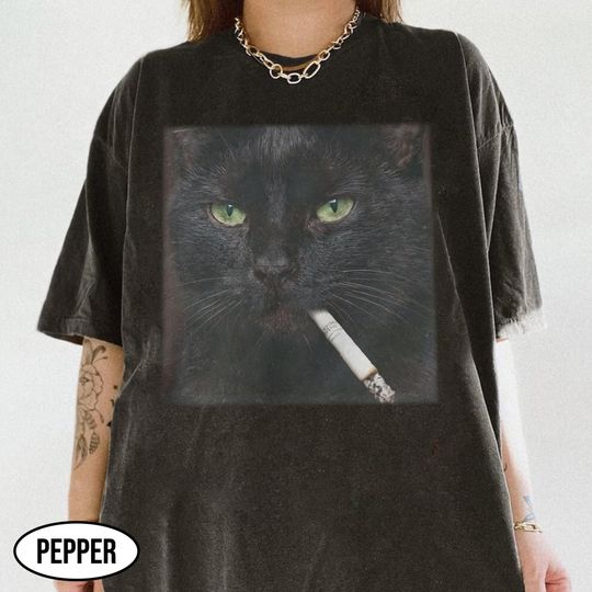 Discover Funny Smoking Cat Shirt, Cigarette Black Cat Face Shirt, Black Cat Meme Shirt, Retro Grunge Meme Shirt, Unique Gift For Gen Z