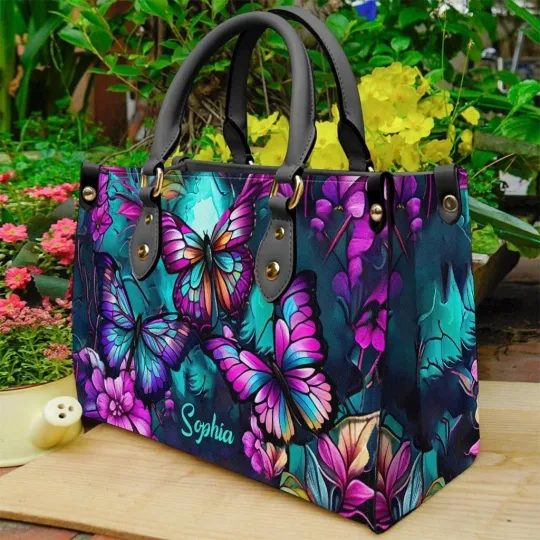 Discover Personalize Beautiful Butterflies Leather Handbag, Butterflies Leather Handbag