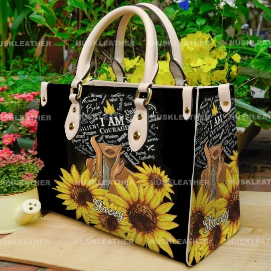 Discover Personalized Black Girl Sunflower Leather Handbag, Black Queen Leather Bag Gift