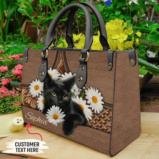 Discover Personalized Funny Black Cat Daisy Leather Handbag, Flower Cat Leather Handbag