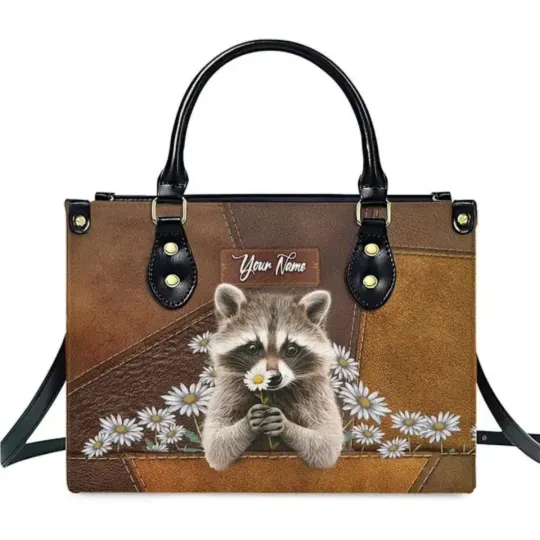 Discover Personalized Leather Handbag For Women, Funny Raccoon With Daisy Flower Bag