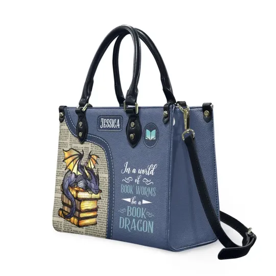 Discover Personalized Book Dragon PU Leather Handbag, Tote Bag for Book Lovers