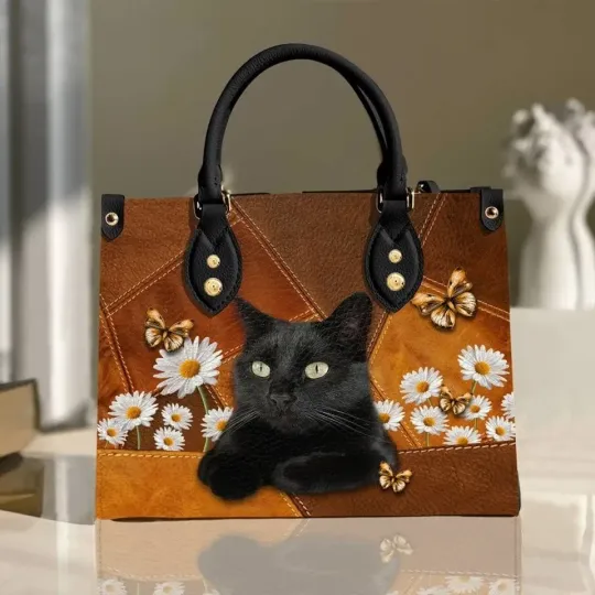 Discover Cat Leather Handbag, Black Cat bag,Personalized Gift for Cat Lovers, Cat Mom