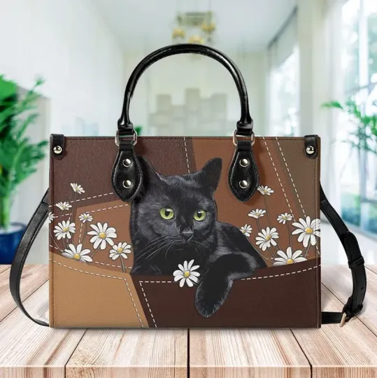 Discover Personalized Black Cat Leather Handbag, Animal Handbag, Cat Crossbody Bag