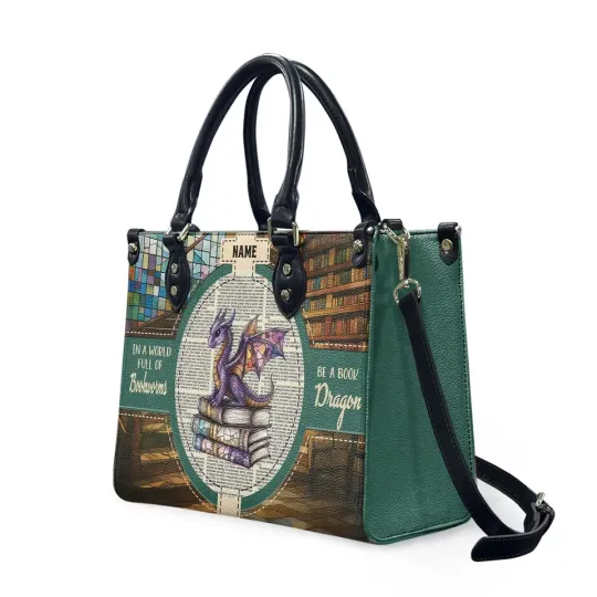 Personalized Book Dragon PU Leather Handbag, Tote Bag for Book Lovers
