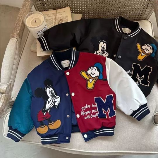 Discover Mickey print Children Cartoon Jacket Autumn Winter Kids Boys Girls Quilted Coat Warm Baseball Clothes Toddler Fashion Outerwears