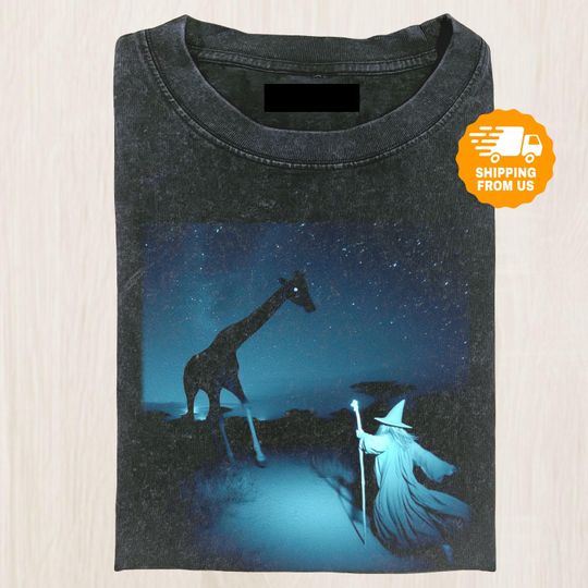 Discover Wizard Meets Giraffe Shirt, Surreal Fantasy Graphic Tee, Magical Starry Night Meme Shirt, Whimsical Wizardcore Gift