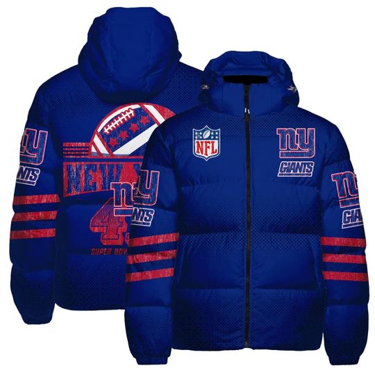 New York Giants Hooded Puffer Jacket, Football Fan Jacket, Outwear Cozy Jacket