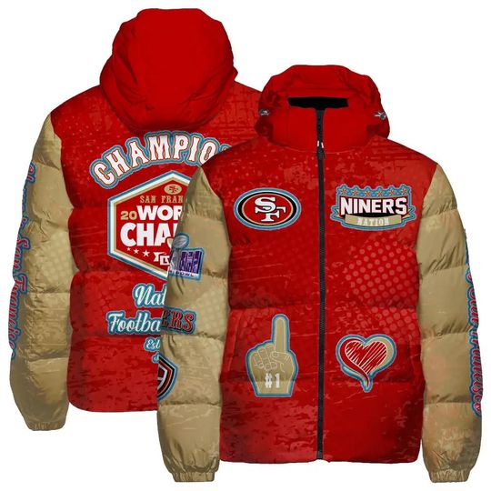 San Francisco 49ers Hooded Puffer Jacket, Football Fan Jacket, Outwear Cozy Jacket