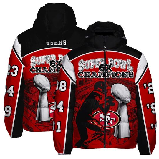 San Francisco 49ers Super Bowl Hooded Puffer Jacket, Football Fan Jacket, Outwear Cozy Jacket
