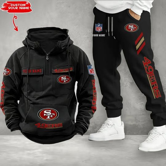 San Francisco 49ers Cargo Hoodie Joggers Set, Vintage Men Outfit, Football Gameday