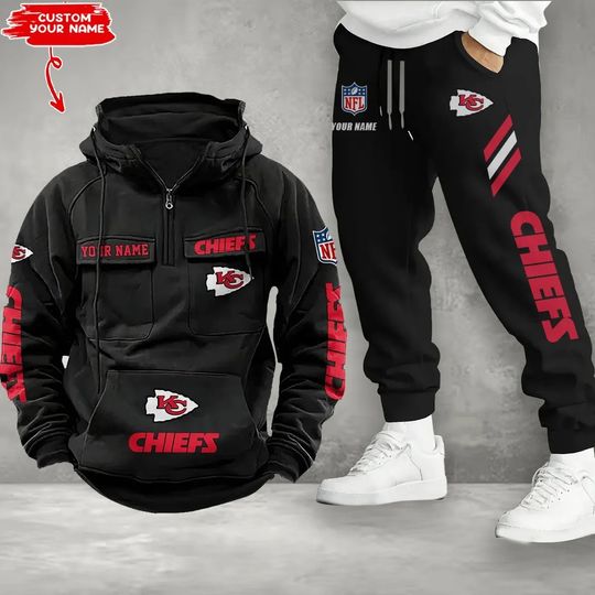 Kansas City Chiefs Cargo Hoodie Joggers Set, Vintage Men Outfit, Football Gameday