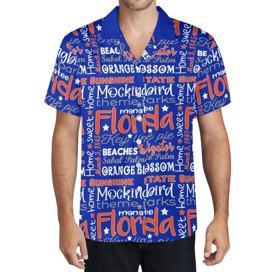 Discover Florida Souvenir Shirt: Orange & Blue Hawaiian Button-Up Tee