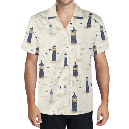 Discover Nautical Lighthouse Print Button-Down Shirt: Coastal Cruising Theme