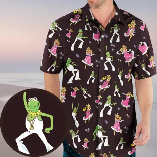 Disney The Muppet Show Disco Couple Kermit And Piggy 80s Black Hawaiian Shirt