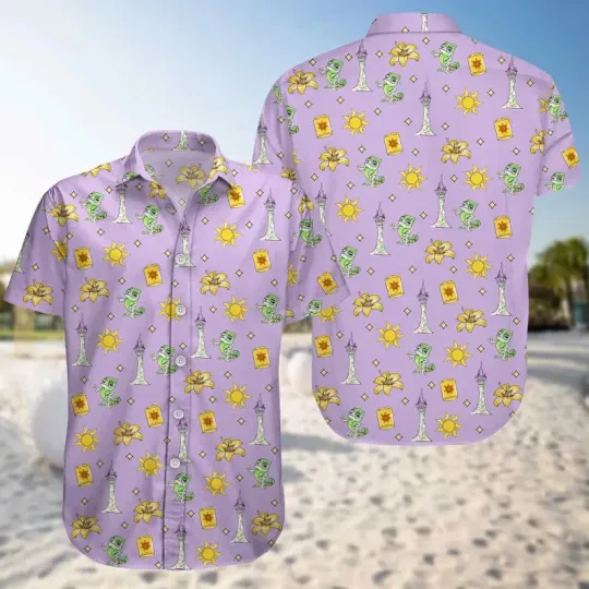 Discover Disney Tangled Pascal Lantern Tower Rapunzel Princess Purple Hawaiian Shirt