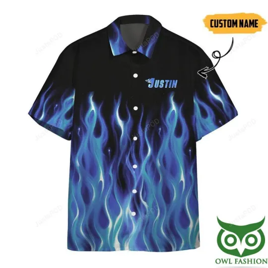 3D Hot Rod Blue Flame Bowling Hawaiian Shirt