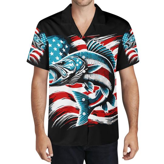 Discover Patriotic Bass Fishing Hawaiian Shirt: US Flag Print, Veteran Gift
