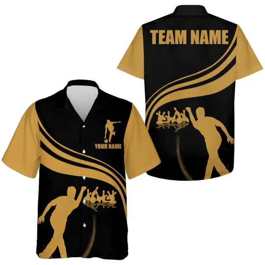 Personalized Hawaiian Bowling Shirt Black and Gold Bowlers Custom Team Bowling