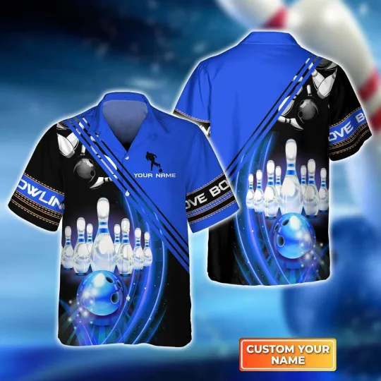 Discover Blue Bowling Ball in Motion and the Pins Hawaiian Shirt, Bowling Hawaiian Shirt