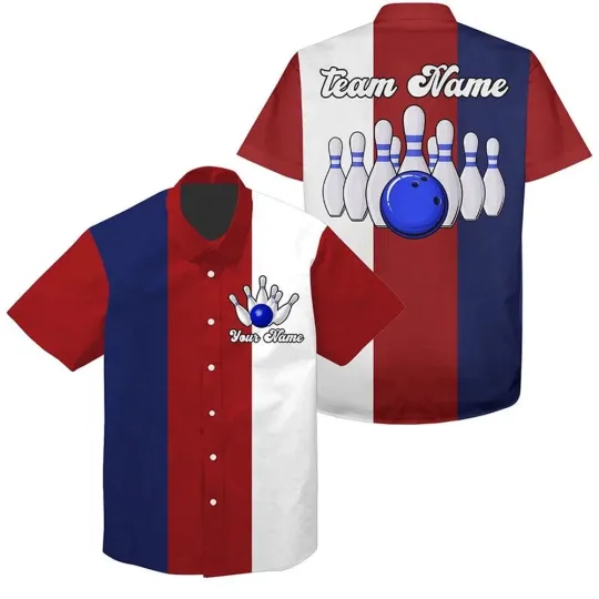 Personalized Red White And Blue Retro Bowling Hawaiian Shirts