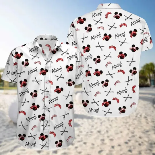Discover Disney Mickey Mouse Pirates Ahoy! Cruise Summer Pattern White Hawaiian Shirt