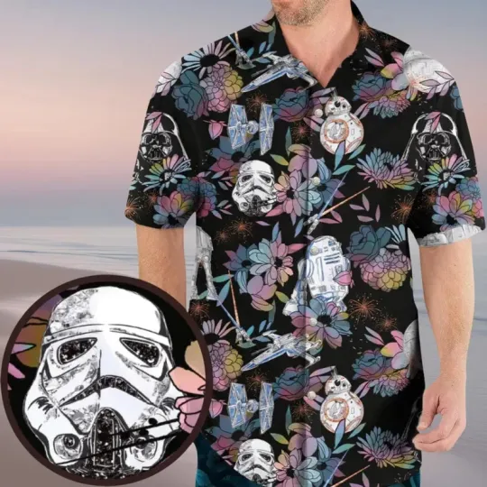 Discover Disney Star Wars Darth Vader Stormtropper Aloha Black Floral Hawaiian Shirt