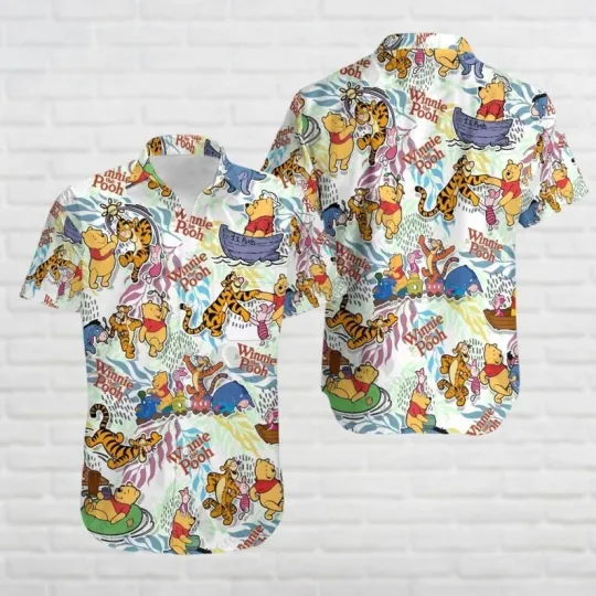 Discover Disney Winnie The Pooh & Friends Tropical Leaves White Hawaiian Shirt