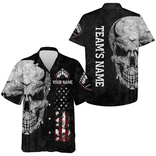 Discover Men Women Skull Hawaiian Bowling Shirt Patriotic Custom Name Black Bowlers Jerse