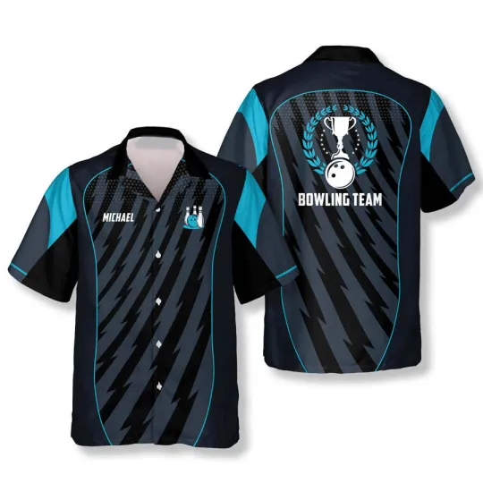 Discover Blue Sports Style Trophy Emblem Custom Bowling Hawaiian Shirt, Bowling team shirt
