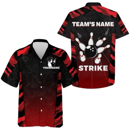 Discover Red Camo Hawaiian Bowling Shirt For Men, Custom Bowling Jersey Strike Bowling Shirt