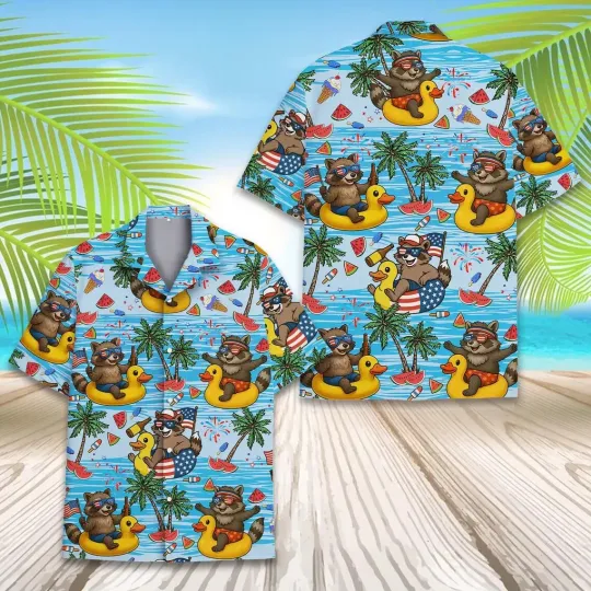 Discover Patriotic Raccoon Hawaiian Button Down Shirt