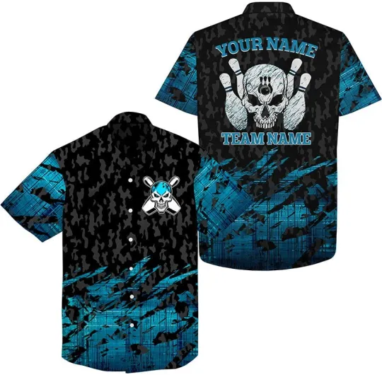 Discover Skull Bowling Hawaiian Shirt Custom Name And Team Name Blue Bowling Skeleton Tea