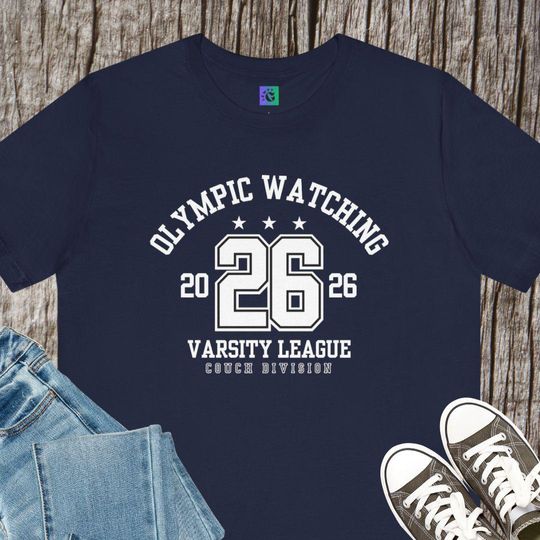 Discover Olympic Watching 2026 Varsity League Tee, Vintage Sports Number Shirt, Olympic Fan, Couch Division Athlete