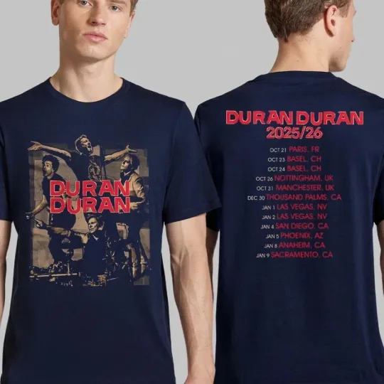 Discover Duran Europe 2025 2026 Navy College Bandshot Tour T-Shirt