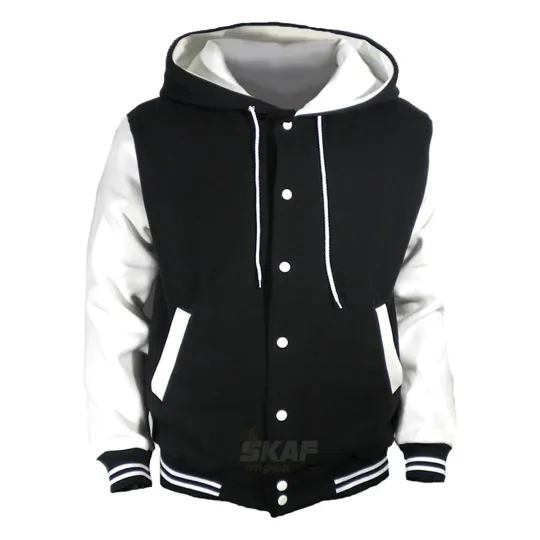 Discover Men Hood Baseball Varsity Jacket Hoodie Cotton Fleece Black and White, Letterman